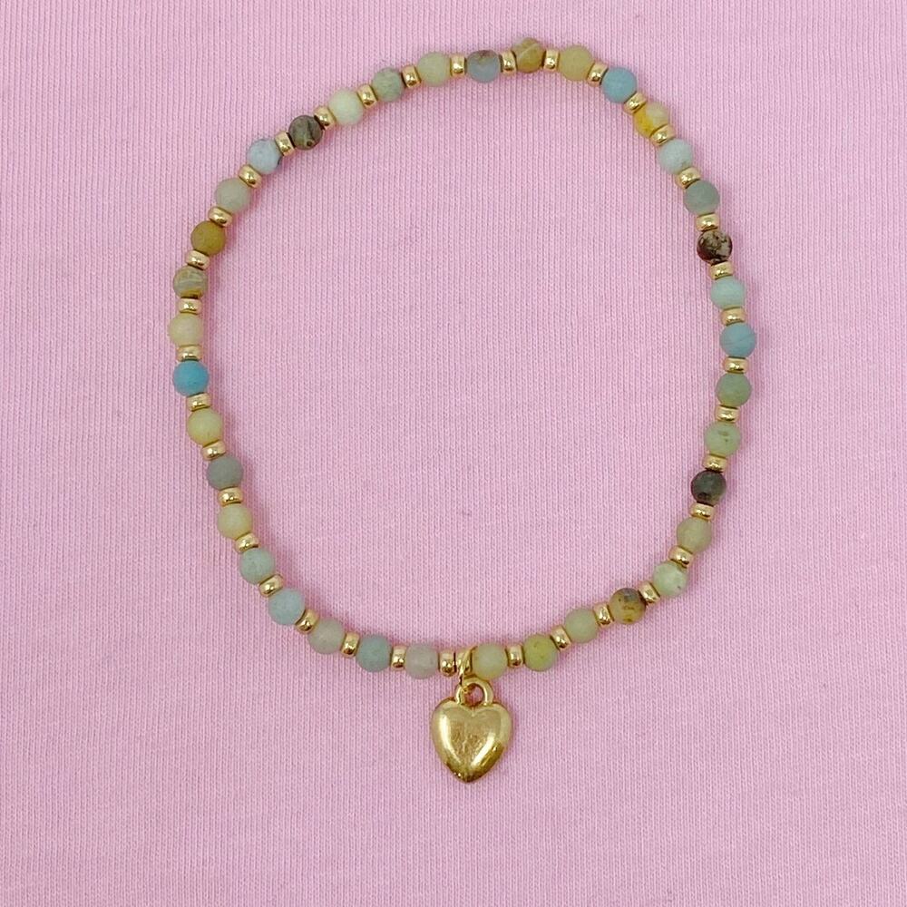 Semi-Precious Stone Bead Anklet with Heart Charm Amazonite